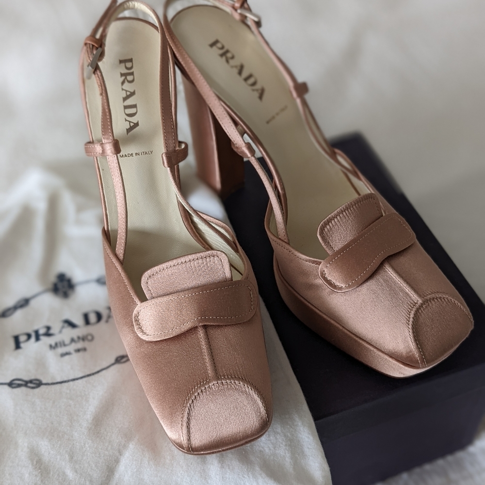 NIB PRADA platform sandal slingback satin rose cammeo